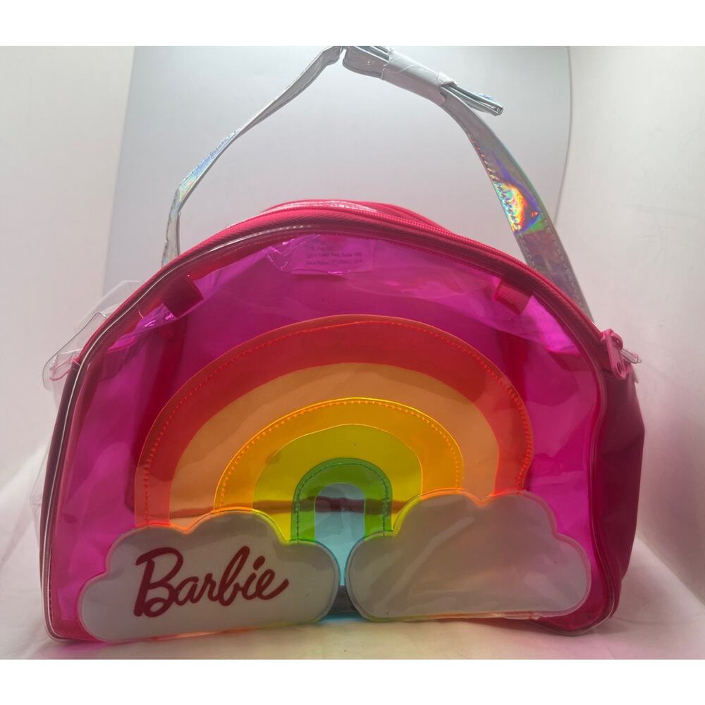 Barbie Rainbow Clouds Plastic Purse/Doll Carrier - Clear, Pink Tote Bag W/Pocket